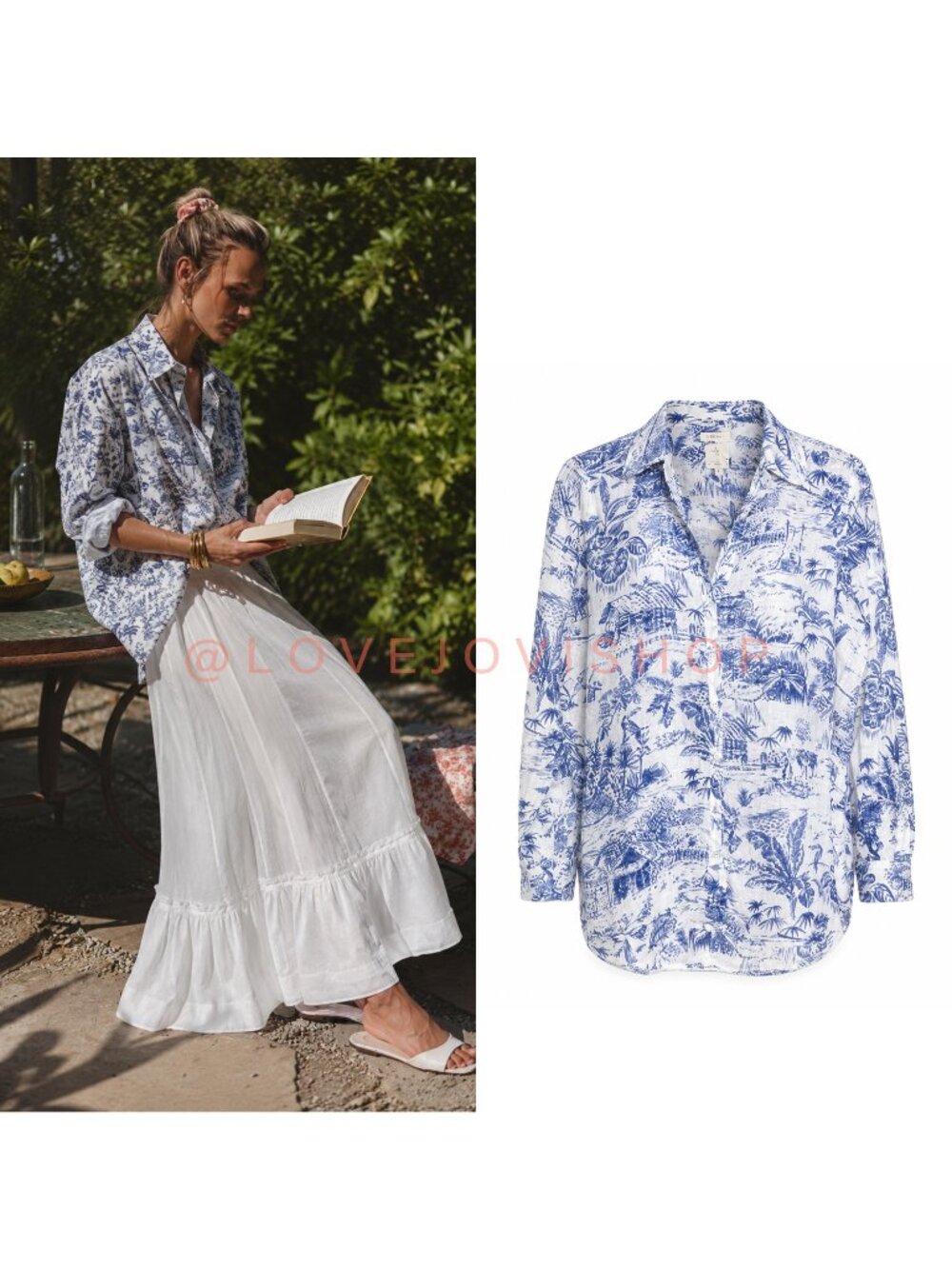 Resort | Joie Blue Toile Off White Linen Button Down | Relaxed Roll Tab Sleeve S - Picture 1 of 12